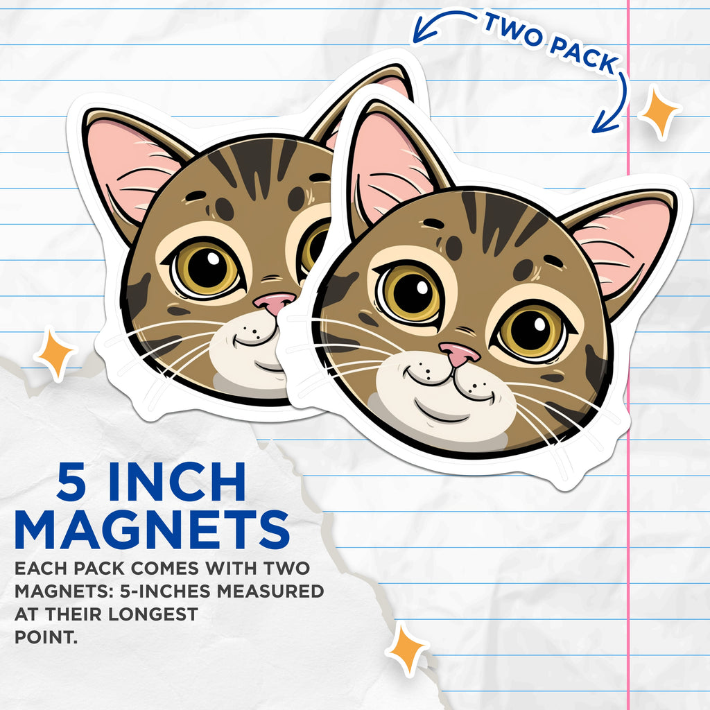 (2 Pack) Cute Cat Face Magnets - Tabby Cat Decor - Animal Lover Refrigerator Locker Magnet - 5 Inches On Longest Side - Thick Durable Magnet - Made in USA - MAG36590