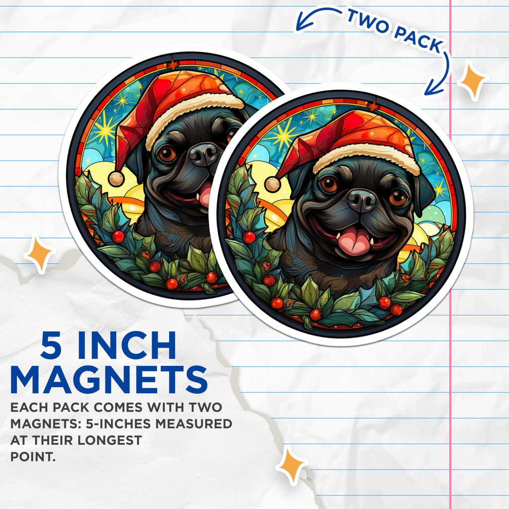 (2 Pack) Christmas Pug Magnets - Stained Glass Pet Decor - Holiday Dog Fridge Accessory - 5 Inches On Longest Side - Thick Durable Magnet - Made in USA - MAG30305