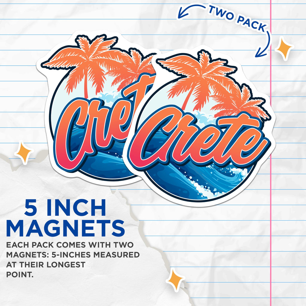 (2 Pack) Crete Magnets - Greece Island Decor - Tropical Palm Tree Artwork - 5" On Longest Side - Premium Magnet - for Cars, Refrigerators, Toolboxes, Lockers - Made in USA - MAG17941