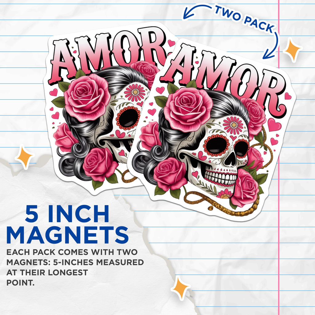 (2 Pack) Day of the Dead Sugar Skull Magnets - Amor Love Roses - Mexican Folk Art Calavera Decor - 5 Inches On Longest Side - Thick Durable Magnet - Made in USA - MAG37084