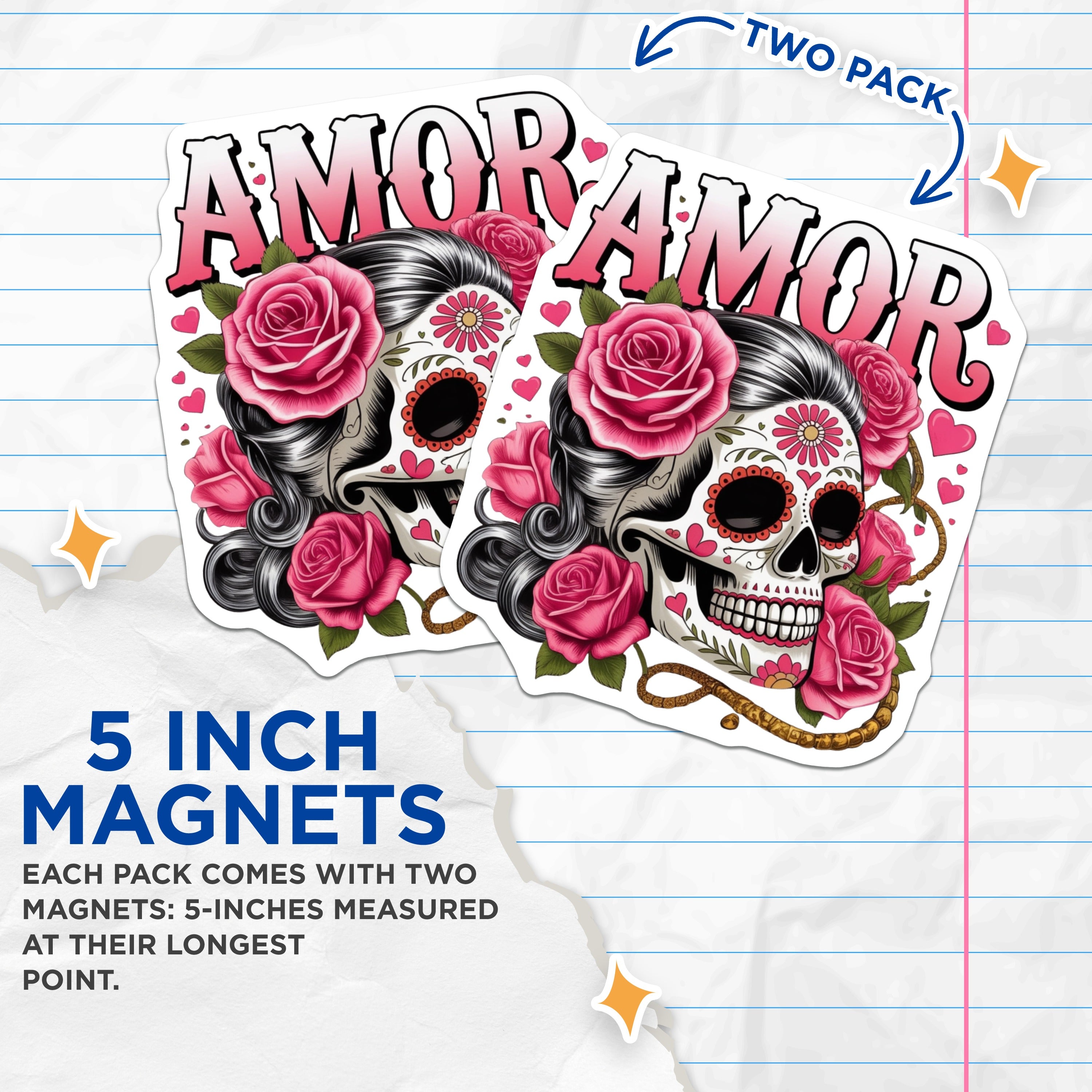 (2 Pack) Day of the Dead Sugar Skull Magnets - Amor Love Roses - Mexican Folk Art Calavera Decor - 5 Inches On Longest Side - Thick Durable Magnet - Made in USA - MAG37084