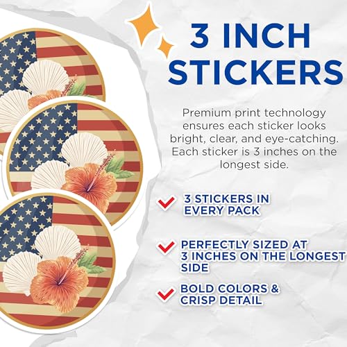 (3 Pack) American Flag Decals - Hibiscus Flowers - Seashell Decals - 3 Inches On Longest Side - Easy Peel & Apply - Made in USA - 3MCS7747
