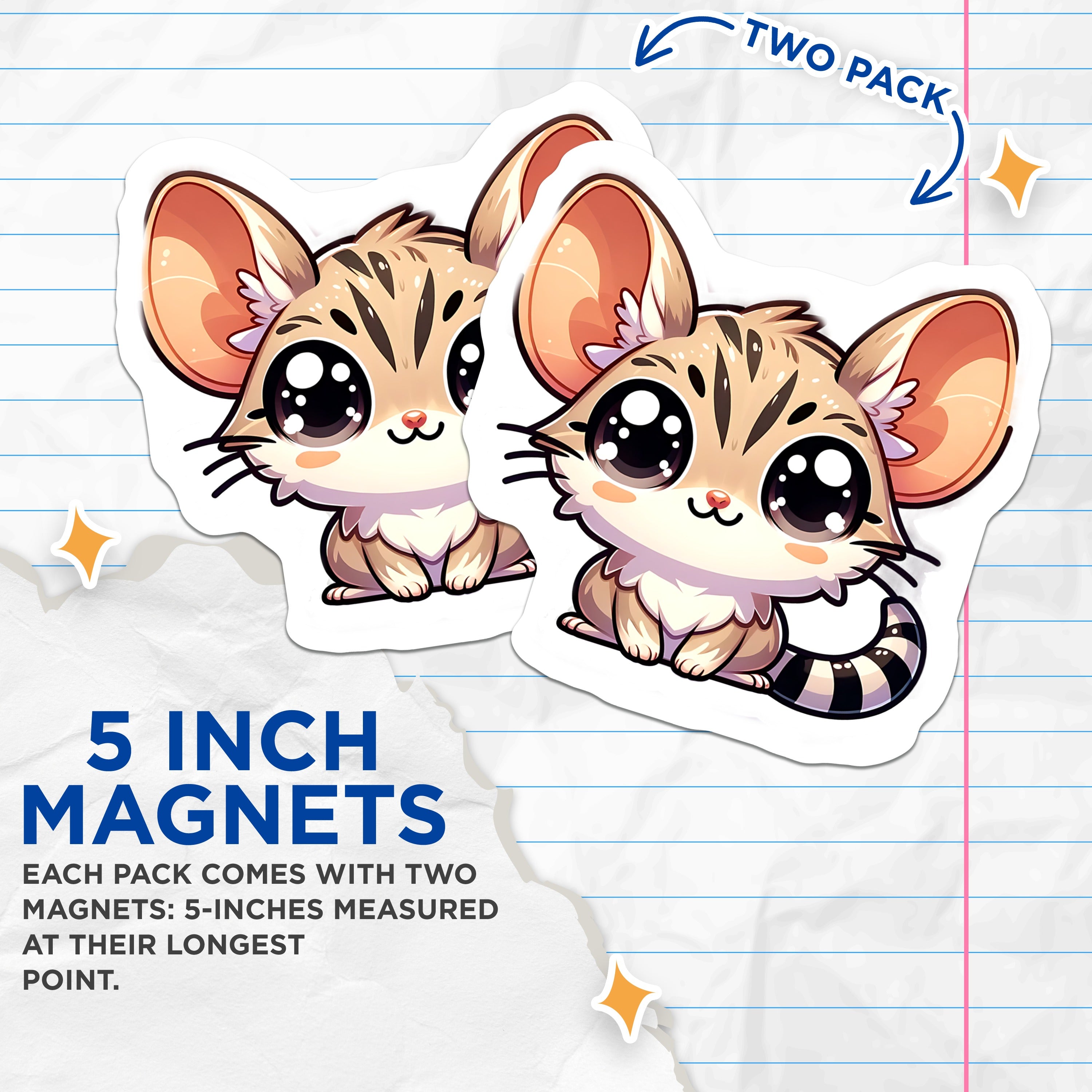 (2 Pack) Chibi Fennec Fox Magnets - Cute Desert Animal Refrigerator Magnets - Kawaii Office Locker Decor - 5 Inches On Longest Side - Thick Durable Magnet - Made in USA - MAG36997
