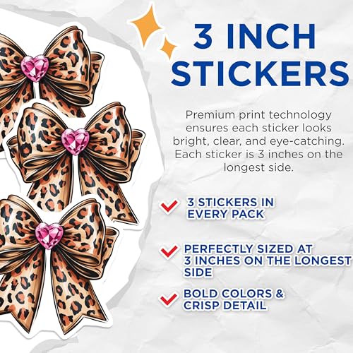 (3 Pack) Leopard Bow Decals - Pink Heart Jewel - Cute Laptop Decals - 3 Inches On Longest Side - Easy Peel & Apply - Made in USA - 3MCS4668