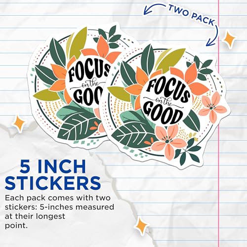 (2 Pack) Focus On The Good Stickers - Inspirational Quote Stickers - Motivational Floral Stickers - 5" On Longest Side - Sticks to Smooth Flat Surfaces - Made in USA - BMCS3859