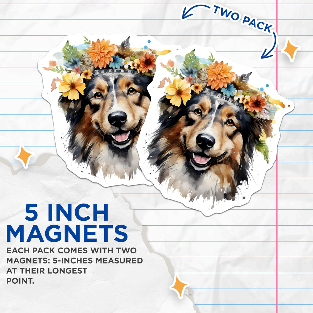 (2 Pack) Australian Shepherd Magnets - Boho Dog Art - Flower Crown Pet Lover Decor - 5 Inches On Longest Side - Thick Durable Magnet - Made in USA - MAG27319