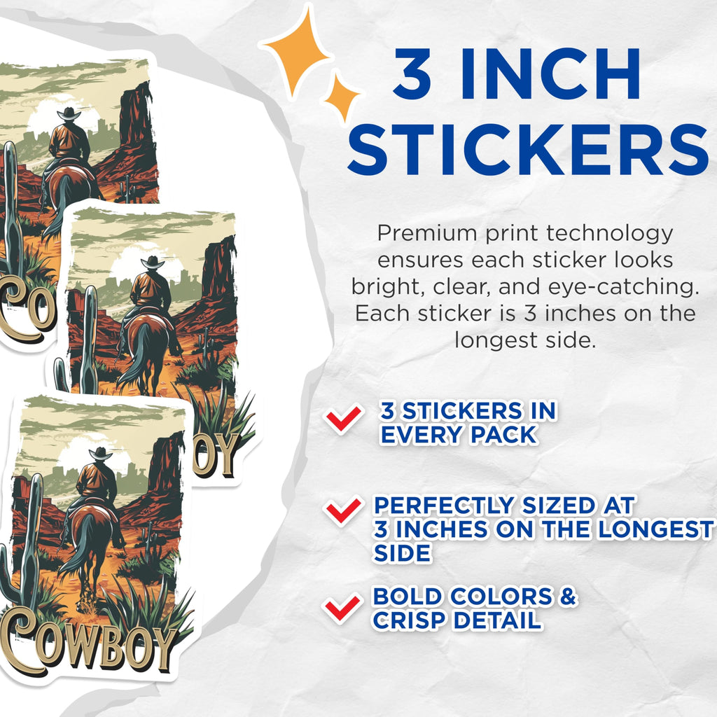 (3 Pack) Cowboy Riding Horse Decals - Western Decals - Desert Landscape - 3 Inches On Longest Side - Easy Peel & Apply - Made in USA - 3MCS2260