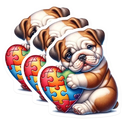 (3 Pack) Bulldog Decals - Autism Awareness - Puzzle Heart - 3 Inches On Longest Side - Easy Peel & Apply - Made in USA - 3MCS8236