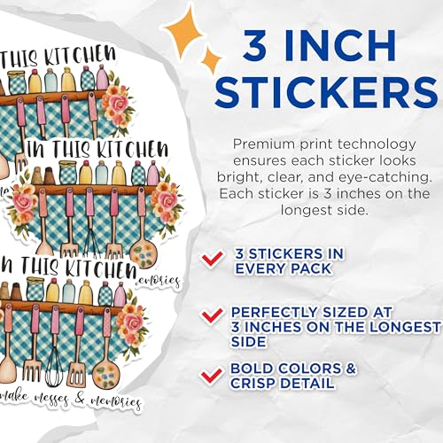 (3 Pack) Kitchen Messes Memories Decals - Cooking Decor - Kitchen Wall Decal - 3 Inches On Longest Side - Easy Peel & Apply - Made in USA - 3MCS1771