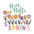 (2 Pack) Hello Spring Stickers - Floral - Spring Flowers Decal - 5" On Longest Side - Sticks to Smooth Flat Surfaces - Made in USA - BMCS8010