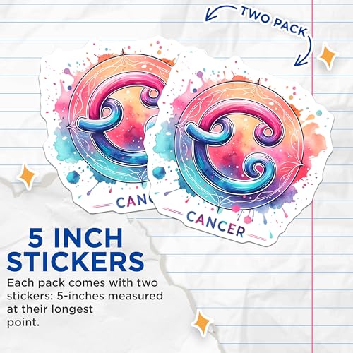 (2 Pack) Cancer Zodiac Stickers - Colorful Horoscope Decal - Astrology Star Sign Sticker - 5" On Longest Side - Sticks to Smooth Flat Surfaces - Made in USA - BMCS6775