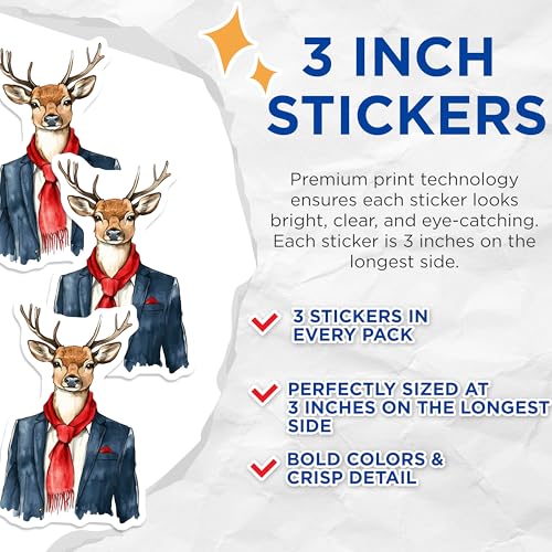 (3 Pack) Deer Decals - Animal Head - Suit Scarf Elegant Laptop Decal - 3 Inches On Longest Side - Easy Peel & Apply - Made in USA - 3MCS8268