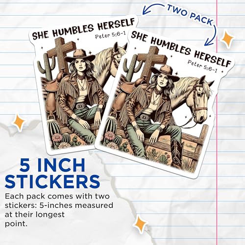 (2 Pack) She Humbles Herself Stickers - Inspirational Women Stickers - Bible Verse Stickers - 5" On Longest Side - Sticks to Smooth Flat Surfaces - Made in USA - BMCS5899