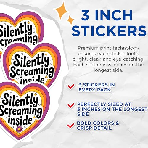 (3 Pack) Silently Screaming Inside Decals - Retro Heart Decal - Funny Laptop Stickers - 3 Inches On Longest Side - Easy Peel & Apply - Made in USA - 3MCS4368