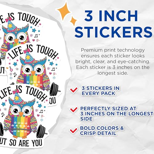 (3 Pack) Owl Decals - Weightlifting Bird - Motivational Life Quote Decal- 3 Inches On Longest Side - Easy Peel & Apply - Made in USA - 3MCS5727