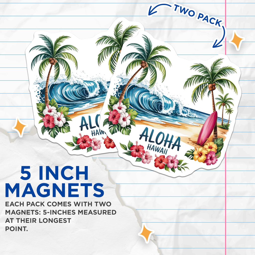 (2 Pack) Aloha Hawaii Magnets - Tropical Beach Ocean Wave Surfboard Palm Tree - Hibiscus Flower Island Scene Decor - 5 Inches On Longest Side - Thick Durable Magnet - Made in USA - MAG19892