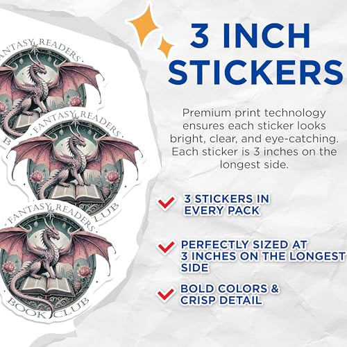 (3 Pack) Dragon Book Club Decals - Fantasy Reader Stickers - Laptop Decal - 3 Inches On Longest Side - Easy Peel & Apply - Made in USA - 3MCS4700
