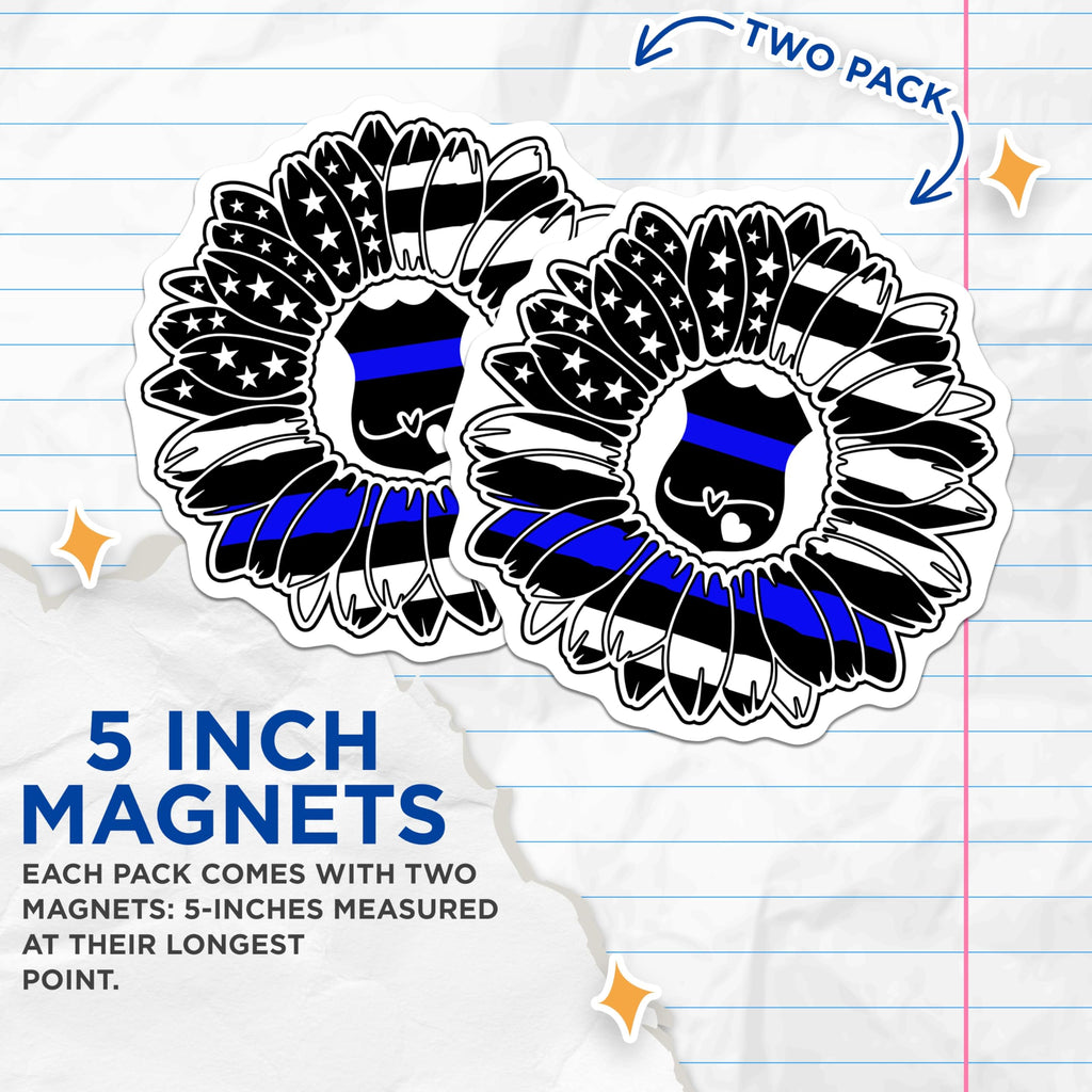 (2 Pack) Thin Blue Line Sunflower Magnets - Police Officer Support Decor - American Flag Law Enforcement Tribute - 5 Inches On Longest Side - Thick Durable Magnet - Made in USA - MAG22356