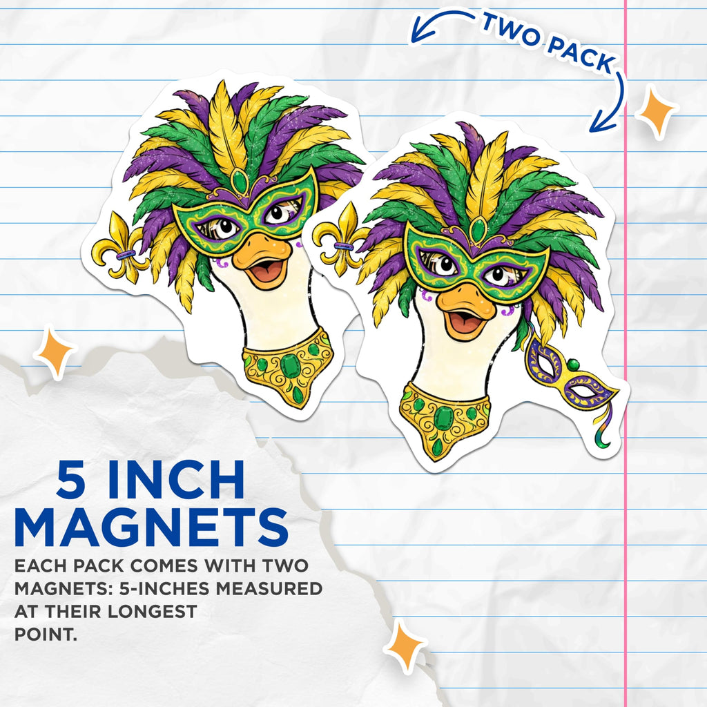 (2 Pack) Mardi Gras Goose Magnets - Masquerade Duck - Party Decoration Refrigerator Magnet - 5" On Longest Side - Premium Magnet - for Cars, Refrigerators, Toolboxes, Lockers - Made in USA - MAG16885