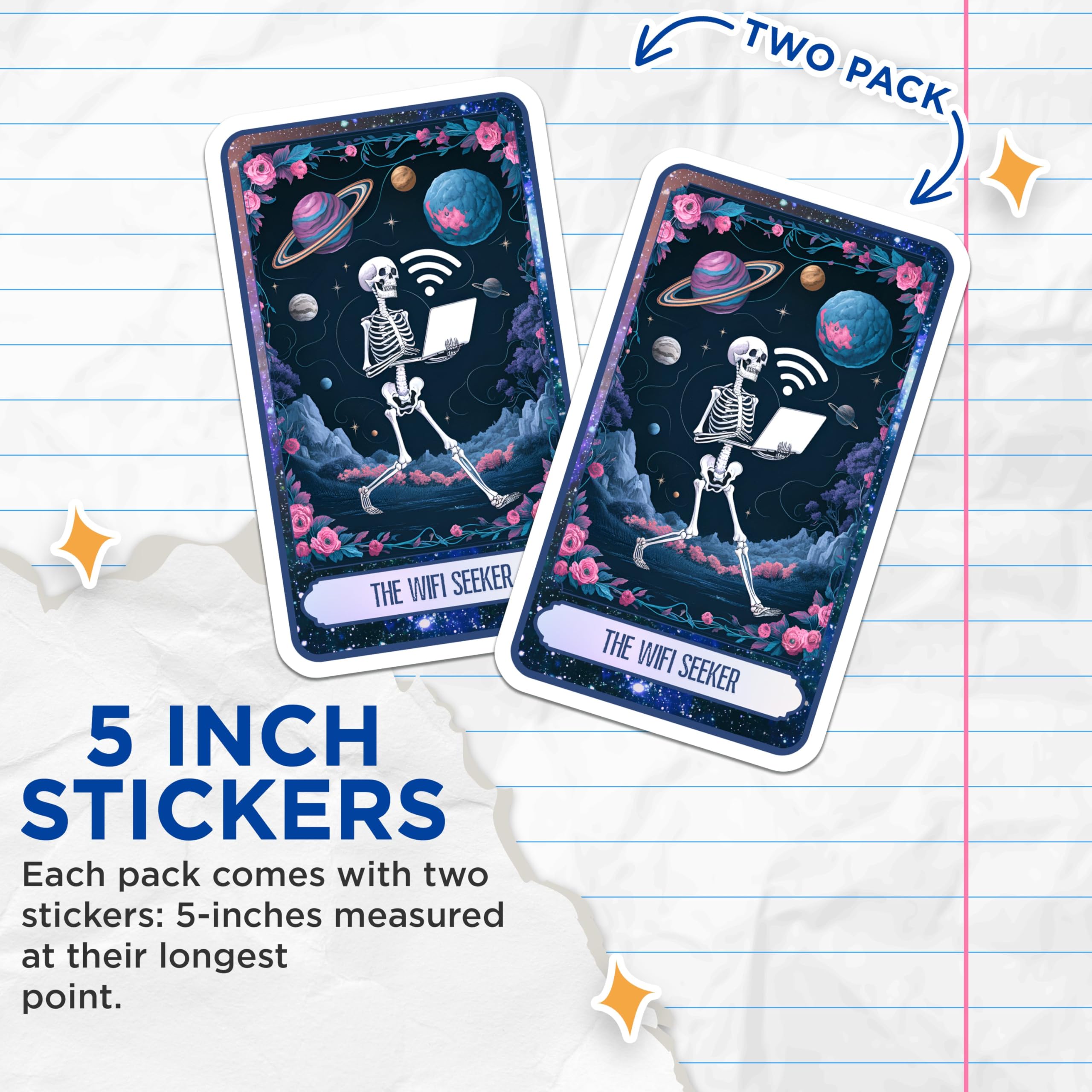 (2 Pack) The WiFi Seeker Stickers - Skeleton Laptop - Cosmic Space Art - 5" On Longest Side - Sticks to Smooth Flat Surfaces - Made in USA - BMCS9984