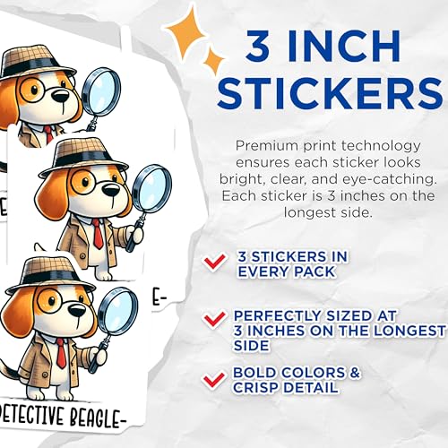 (3 Pack) Detective Beagle Decals - Funny Dog Stickers - Laptop Decal - 3 Inches On Longest Side - Easy Peel & Apply - Made in USA - 3MCS2415