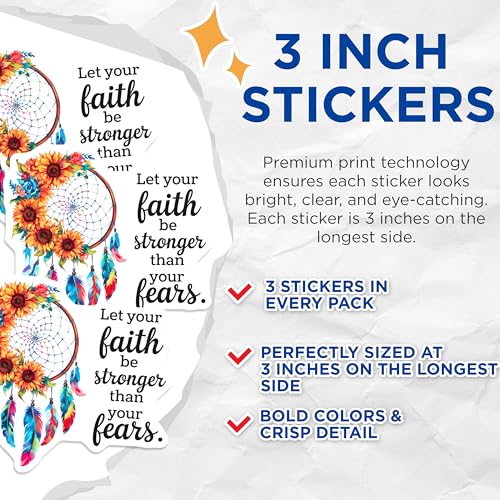 (3 Pack) Faith Over Fear Decals - Sunflower Dreamcatcher - Inspirational Quote Stickers- 3 Inches On Longest Side - Easy Peel & Apply - Made in USA - 3MCS5268