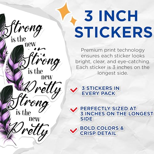 (3 Pack) Strong is The New Pretty Decals - Motivational Quote - Feather Illustration Decal - 3 Inches On Longest Side - Easy Peel & Apply - Made in USA - 3MCS6308