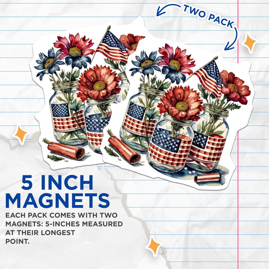 (2 Pack) Fourth of July Magnets - Patriotic Flowers - American Flag Home Decor - 5" On Longest Side - Premium Magnet - for Cars, Refrigerators, Toolboxes, Lockers - Made in USA - MAG16247