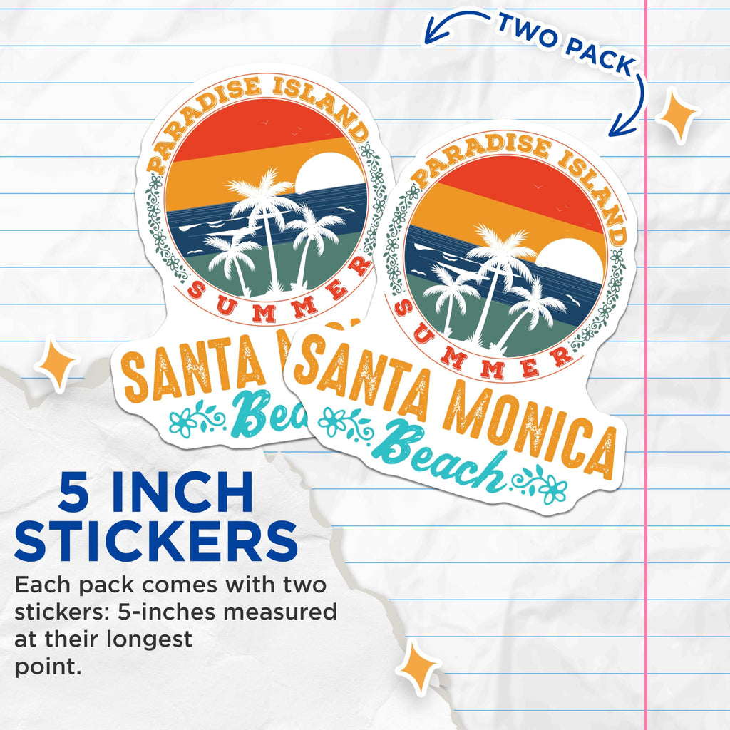 (2 Pack) Paradise Island Stickers - Santa Monica Beach Stickers - Summer Vacation Stickers - 5" On Longest Side - Sticks to Smooth Flat Surfaces - Made in USA - BMCS5246