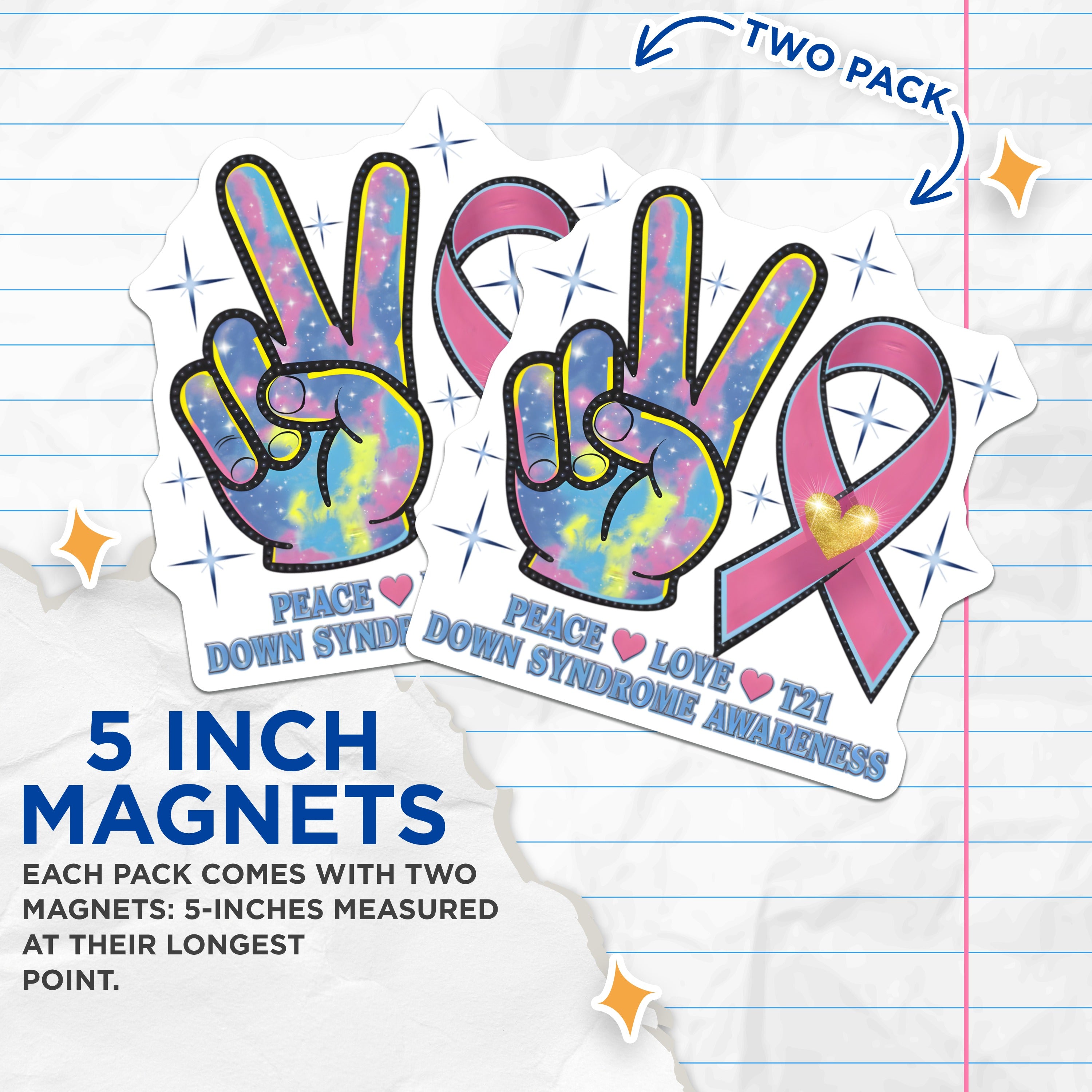 (2 Pack) Down Syndrome Awareness Magnets - T21 Support Peace Sign - Ribbon Advocacy - Trisomy 21 Gifts - Special Needs - 5 Inches On Longest Side - Thick Durable Magnet - Made in USA - MAG37580
