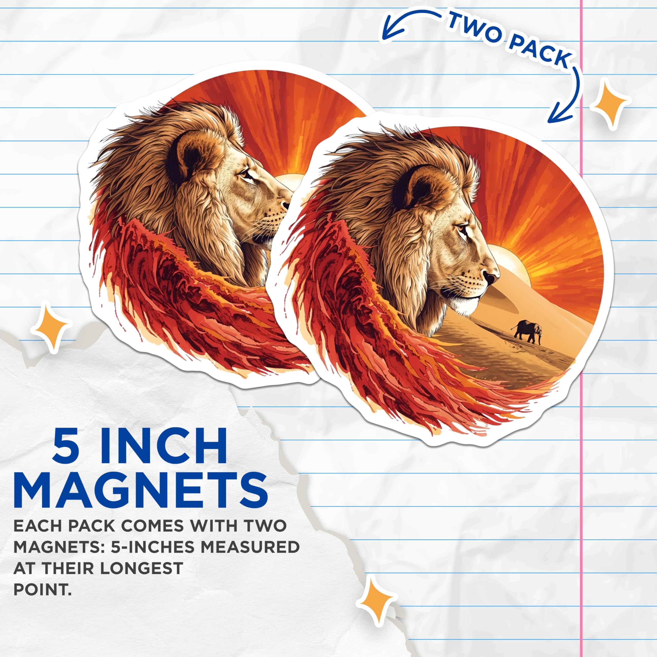 (2 Pack) Lion Magnets - African Safari Decor - Majestic Wildlife Animal Art - 5 Inches On Longest Side - Thick Durable Magnet - Made in USA - MAG21148