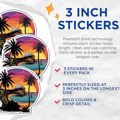 (3 Pack) Tropical Beach Decals - Sunset Palms - Island Getaway Stickers - 3 Inches On Longest Side - Easy Peel & Apply - Made in USA - 3MCS1001
