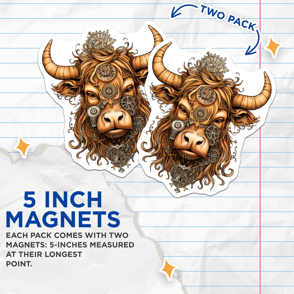 (2 Pack) Steampunk Bull Magnets - Mechanical Ox Head Art - Zodiac Taurus Industrial Decor - Fantasy Animal Fridge Collectible - 5 Inches On Longest Side - Thick Durable Magnet - Made in USA - MAG37559
