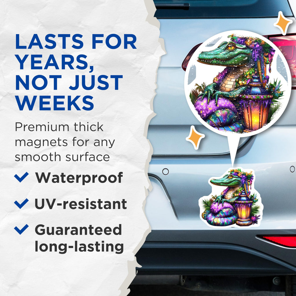 (2 Pack) Alligator Magnets - Mardi Gras Gator - Festive Alligator Decorations - 5" On Longest Side - Premium Magnet - for Cars, Refrigerators, Toolboxes, Lockers - Made in USA - MAG14955