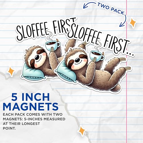 (2 Pack) Funny Sloth Coffee Magnets - Cute Sloth Drinking Coffee Magnets - Kitchen Decor Magnets for Coffee Lovers- 5" On Longest Side - for Fridges, Toolboxes, Cars - Made in USA - MAG2727