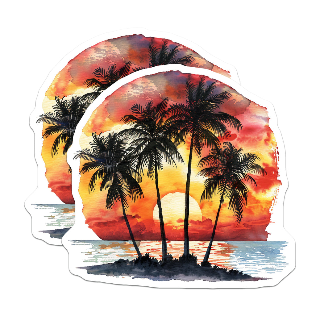 (2 Pack) Palm Tree Sunset Magnets - Tropical Beach Decor - Watercolor Ocean Scene - Island Life Fridge Magnets - 5 Inches On Longest Side - Thick Durable Magnet - Made in USA - MAG37535