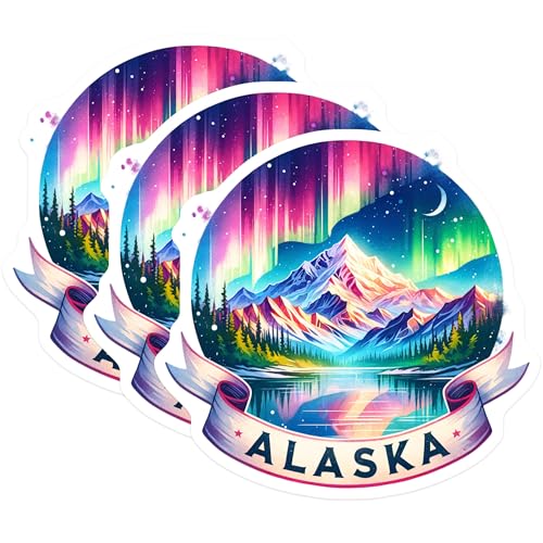 (3 Pack) Alaska Aurora Decals - Northern Lights Sticker - Laptop Decoration- 3 Inches On Longest Side - Easy Peel & Apply - Made in USA - 3MCS5554