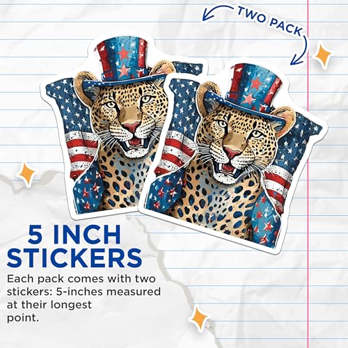 (2 Pack) Patriotic Leopard Stickers - Wild Animal Design - American Pride Decal - 5" On Longest Side - Sticks to Smooth Flat Surfaces - Made in USA - BMCS8827 - Unique Animal Art