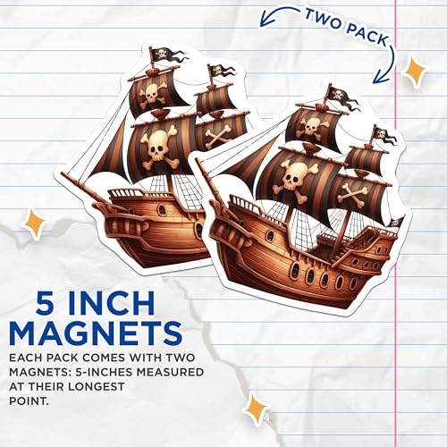 (2 Pack) Pirate Ship Magnets - Skull and Crossbones - Nautical Decor - 5" On Longest Side - for Cars, Fridges, Toolboxes - Made in USA - MAG6610