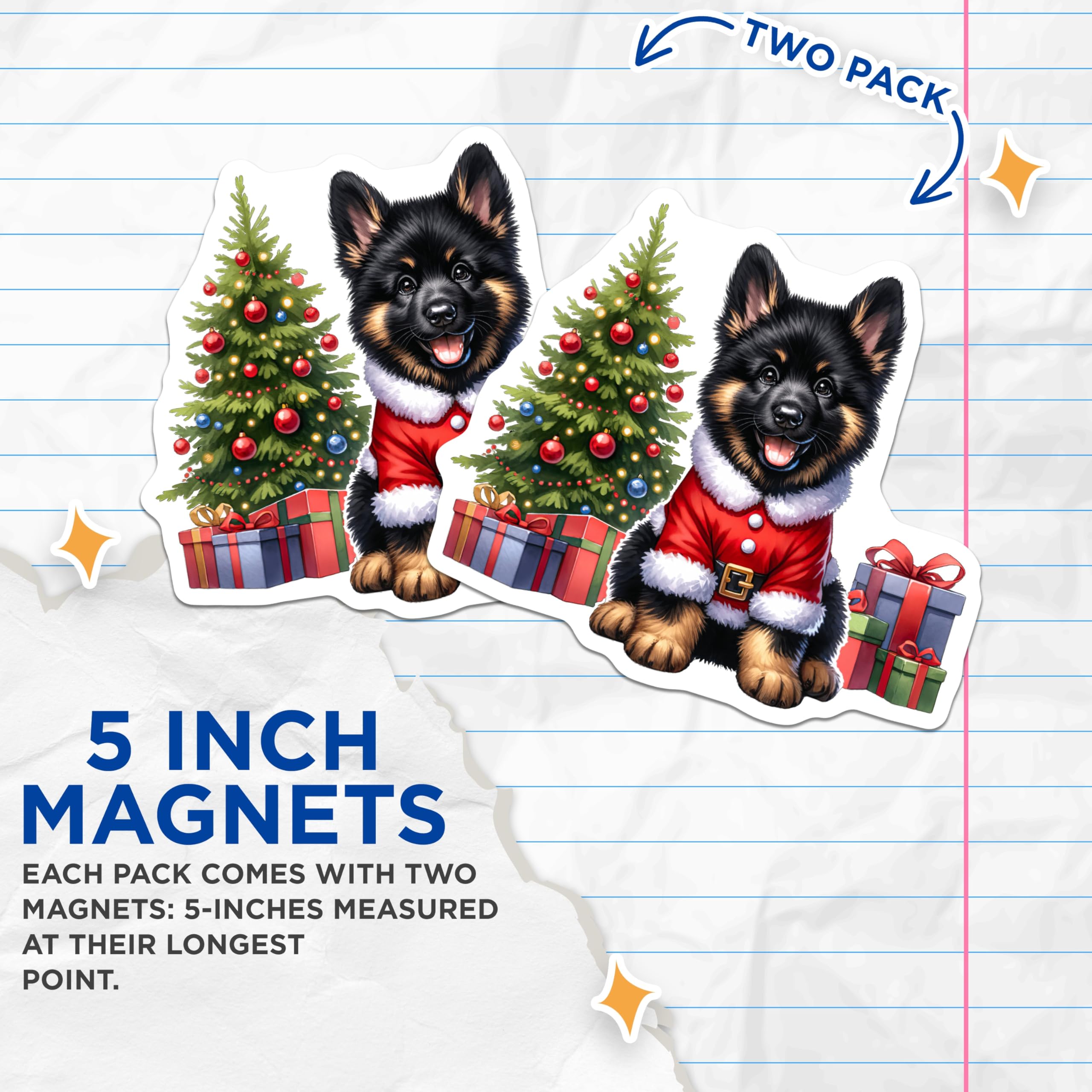 (2 Pack) Christmas Puppy Magnets - Santa German Shepherd Decor - Holiday Fridge Accent Pet Lover Present - 5 Inches On Longest Side - Thick Durable Magnet - Made in USA - MAG28586