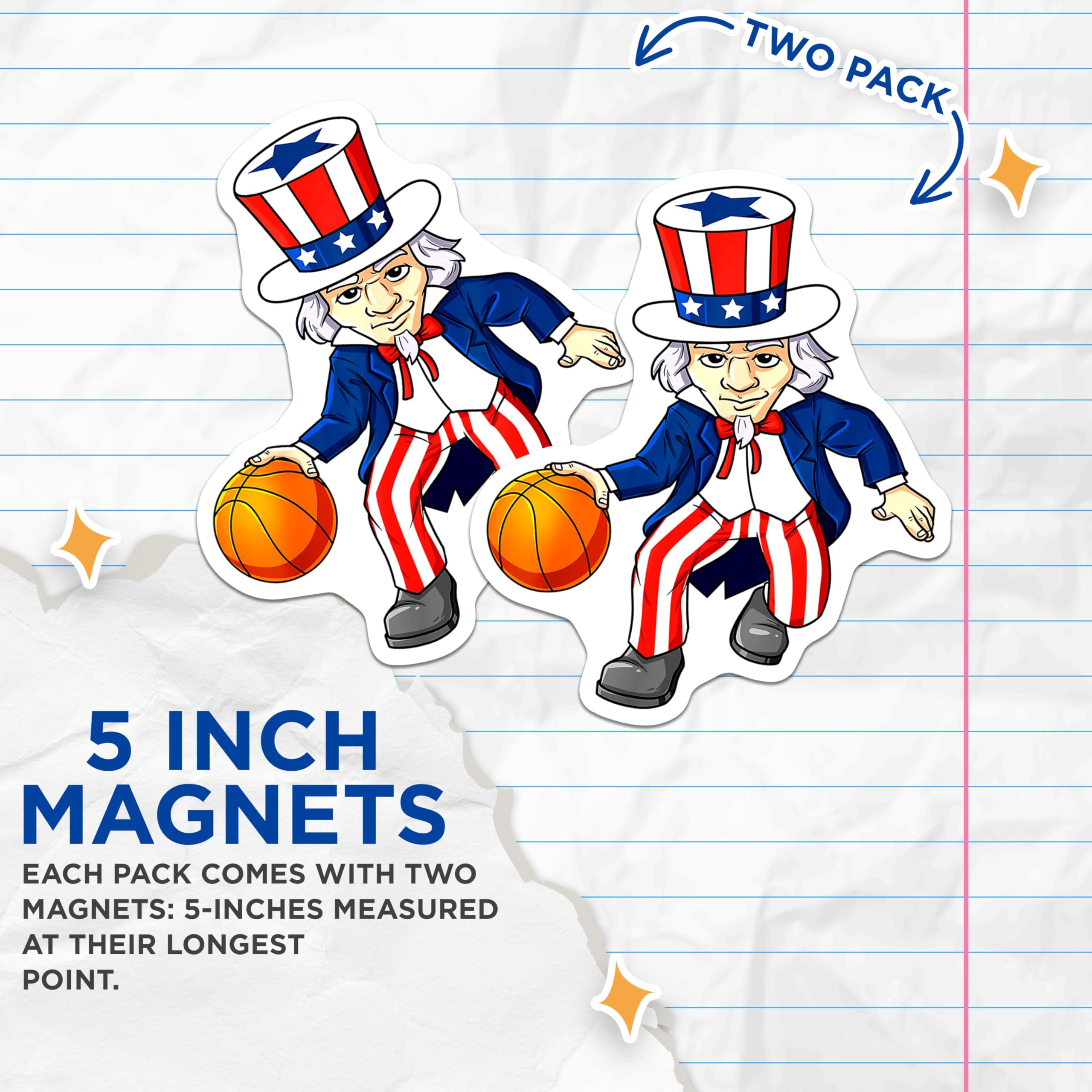 (2 Pack) Uncle Sam Basketball Magnets - Patriotic Sports Fan Decor - 4th of July Appliance - 5 Inches On Longest Side - Thick Durable Magnet - Made in USA - MAG28265