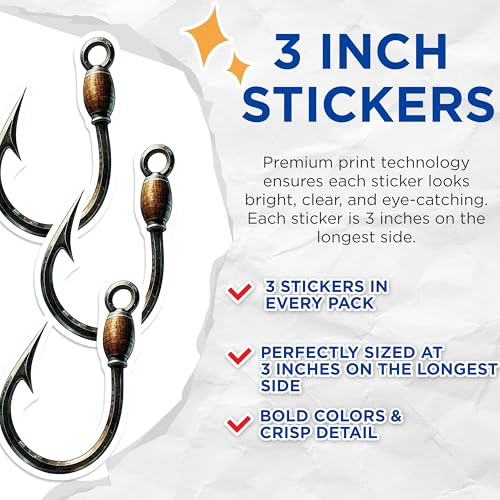 (3 Pack) Fishing Hook Decals - Fisherman Decal - Fishing Lover Decal- 3 Inches On Longest Side - Easy Peel & Apply - Made in USA - 3MCS5391