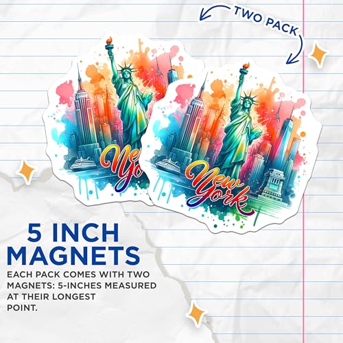 (2 Pack) New York City Magnets - Statue of Liberty - Skyline Magnets - NY Souvenir - Colorful Cityscape - 5" On Longest Side - for Cars, Fridges, Toolboxes - Made in USA - MAG7086