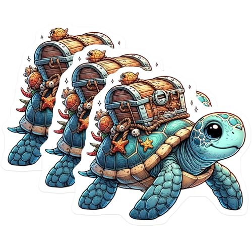 (3 Pack) Turtle Treasure Decals - Cute Cartoon Turtle - Laptop Decal Stickers - 3 Inches On Longest Side - Easy Peel & Apply - Made in USA - 3MCS0104