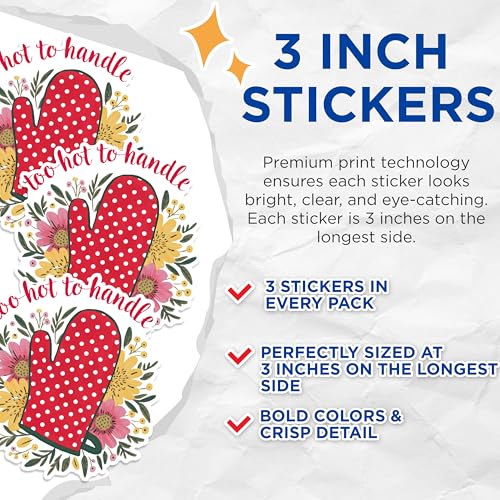 (3 Pack) Too Hot to Handle Decals - Oven Mitt Stickers - Kitchen Decor Decals - 3 Inches On Longest Side - Easy Peel & Apply - Made in USA - 3MCS1831