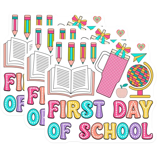 (3 Pack) First Day of School Decals - Education Stickers - Back to School Decals - 3 Inches On Longest Side - Easy Peel & Apply - Made in USA - 3MCS7883