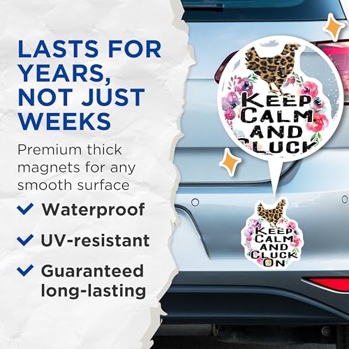 (2 Pack) Keep Calm and Cluck On Magnets - Animal Print Chicken Magnets - Floral Farmhouse Decor - 5" On Longest Side - for Cars, Fridges, Toolboxes - Made in USA - MAG5636