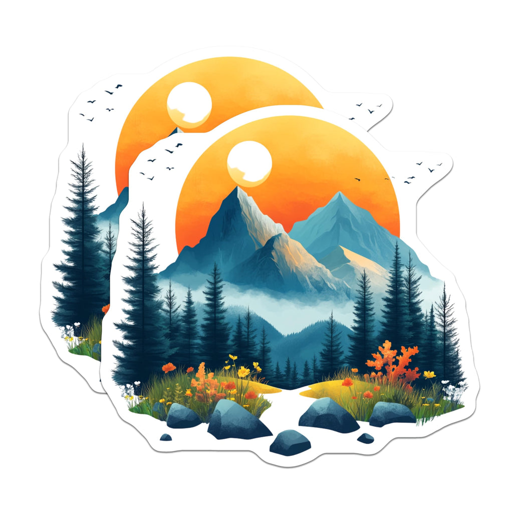 (2 Pack) Mountain Landscape Magnets - Pine Forest Sunrise Scene - Nature Lover Refrigerator Decor - Aesthetic Art - 5 Inches On Longest Side - Thick Durable Magnet - Made in USA - MAG26091