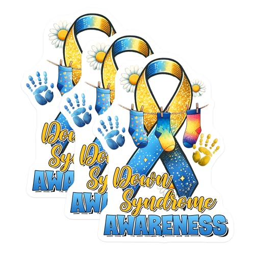 (3 Pack) Down Syndrome Decals - Awareness Ribbon - Socks and Hands Stickers - 3 Inches On Longest Side - Easy Peel & Apply - Made in USA - 3MCS6977