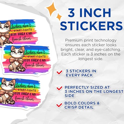 (3 Pack) Sassy Cat Decals - Ladies Dont Start Fights Quote - Laptop Decal - 3 Inches On Longest Side - Easy Peel & Apply - Made in USA - 3MCS4430
